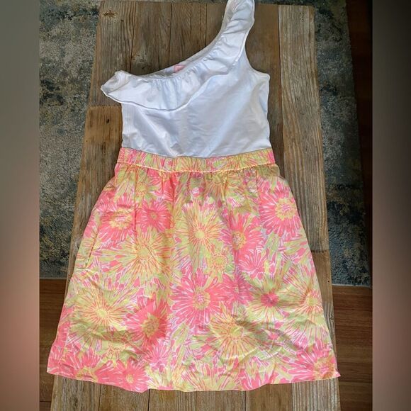 Lilly Pulitzer Mini Dress Size Small One Shoulder Ruffle Floral Pink Orange - Picture 1 of 6